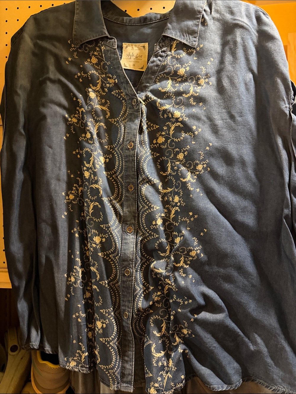 Style & Co. Navy Button-Front Shirt with Gold Floral Embroidery